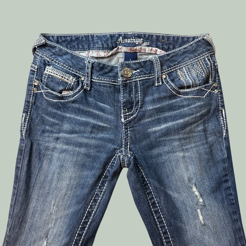 Amethyst Jeans Womens 1 Dixie Blue Bootcut Thick Stitch Distressed Denim Y2K